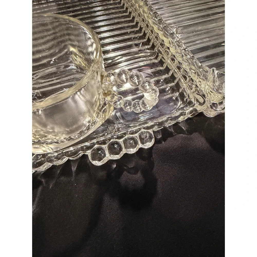 Vintage Federal Glass Manhattan Snack Set 4 Trays 2 Cups Clear Ribbed Art Deco